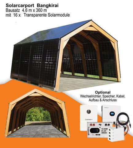 Solarcarport Holz Bangkirai 4,6  m mit 16 - 20 transparente Solarmodule