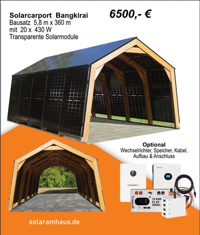 Solarcarport Holz Bangkirai 5,8  m mit  20 transparente Solarmodule